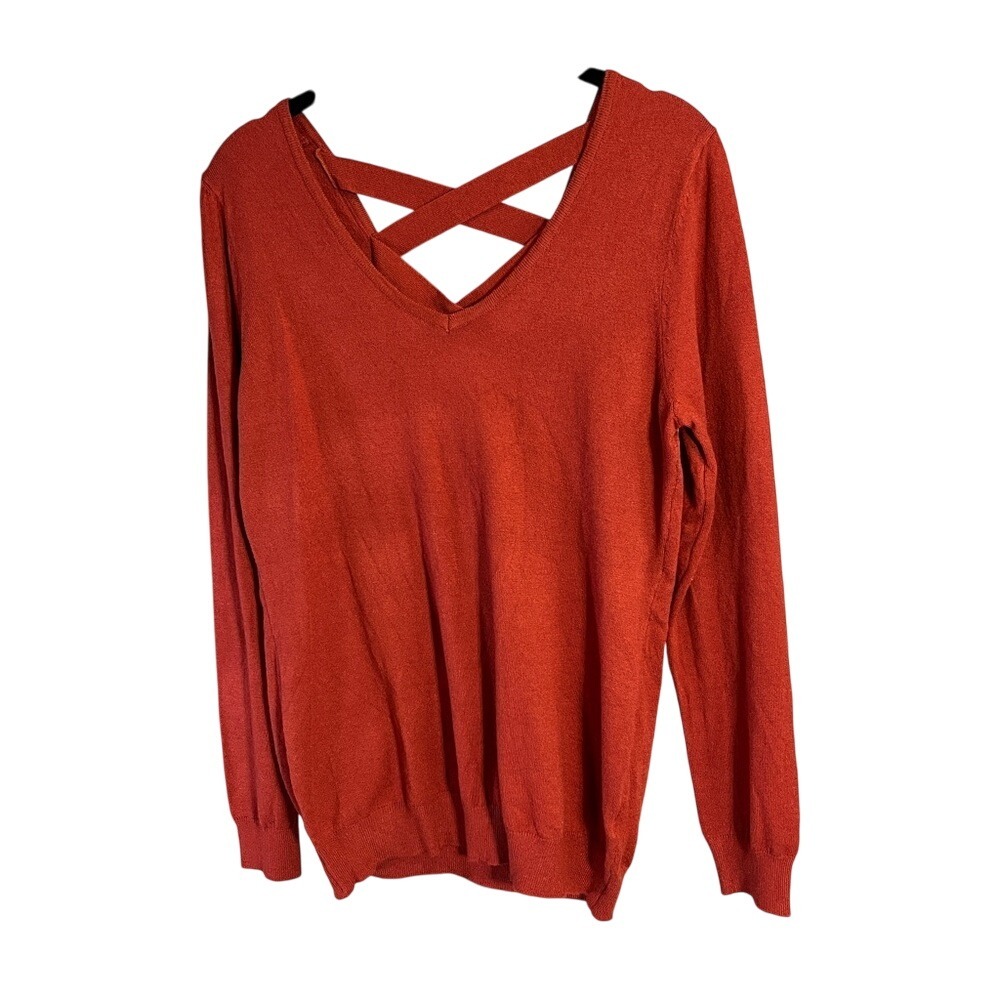 Womens Red Orange Sweater V Neck Long Sleeve Criss Cross Back Casual